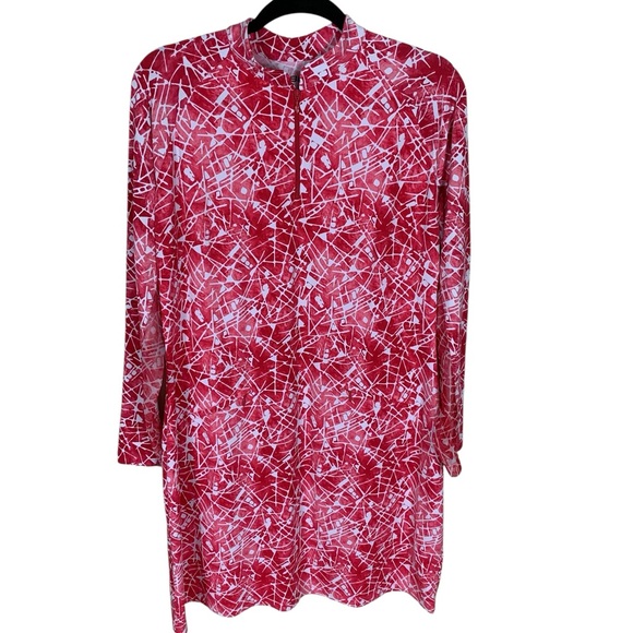 Women's Ibkul Red Graphic Print Long Sleeve 1/4 Zip Knee Length Athletic Dress L - Picture 1 of 6